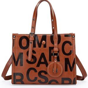 Brown letter embossed leather crossbody satchel with adjustable strap